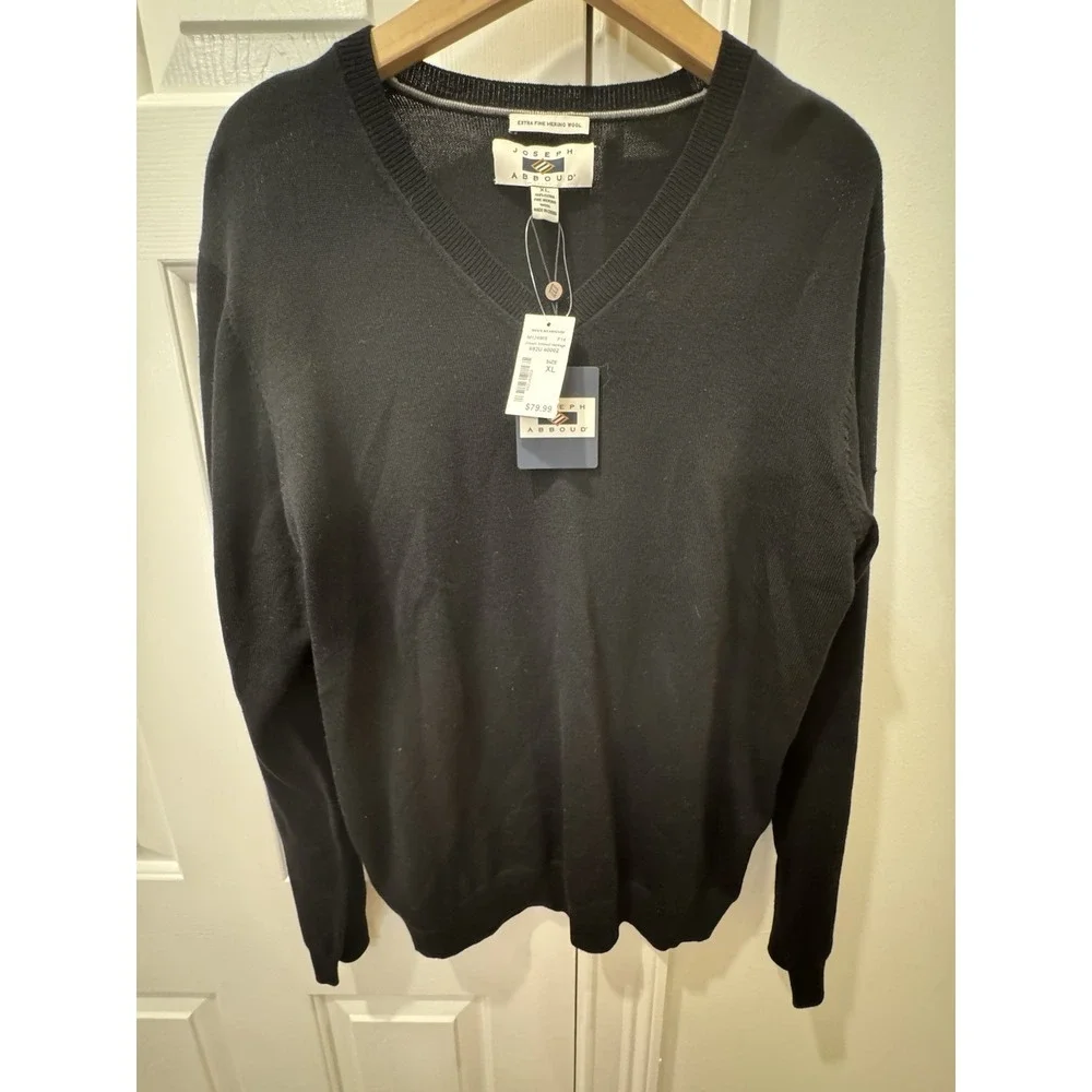 Joseph Abboud Men's‎ XL Black Extra Fine Merino Wool V-Neck Sweater NWT